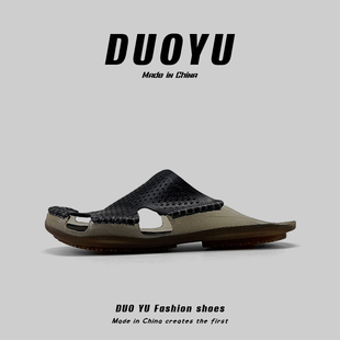 大码牛皮！外贸男士手工真皮半拖鞋男懒人复古防臭凉鞋休闲沙滩鞋