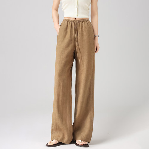 100%亚麻直筒女松紧腰山本裤新品