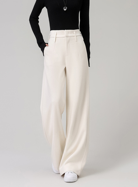 老钱风高腰阔腿裤女白色羊毛直筒垂感休闲裤极简风糯米裤冬季加绒