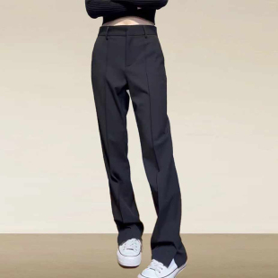 开叉垂感拖地休闲长裤 黑色直筒裤 裤 高腰显瘦西装 子 女2024春秋新款