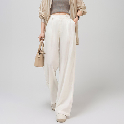 白色天丝亚麻棉麻直筒阔腿西装裤