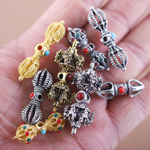 藏银合金大号金刚杵佛珠法器点钻穿孔金刚星月菩提手串吊坠