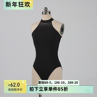 芭蕾舞练功服女成人艺考黑色高胯体操服加钻立领连体服基训形体服