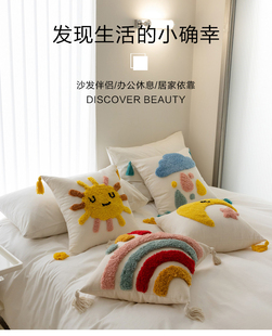 卡通网红全棉帆布正方形簇绒绣抱枕沙发床头飘窗办公室不含芯靠垫