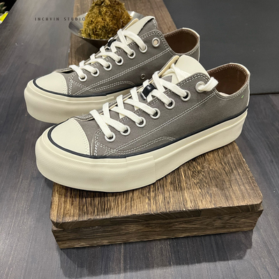 日系 鼠灰手工密度帆布男士开口笑复古硫化休闲鞋男女厚底帆布鞋