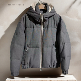 简约风 质感羊毛尼牛皮门襟连帽鹅绒男士羽绒衣 男休闲外套鹅绒服