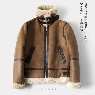 冬季北欧简约风羊皮毛一体蜡感棕羊毛领男士外套皮夹克男机师皮衣