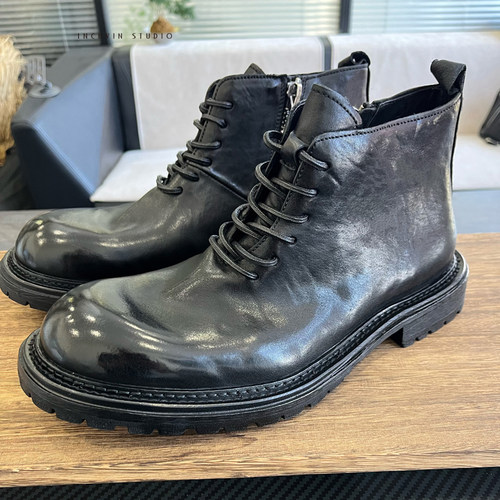 无痕设计 植鞣马皮沿条皮底男士系带高帮皮鞋 男微翘头手工马丁靴