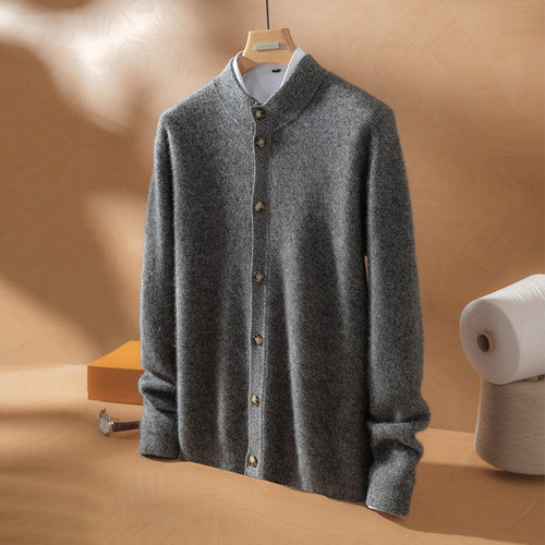 北欧风 阿尔巴斯山羊绒花纱男士半高领羊绒衫 男手工针织羊绒开衫