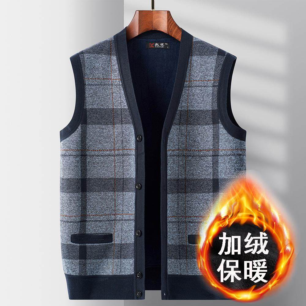 秋冬季马甲开衫加绒加厚中老年人男士背心坎肩爸爸装针织无袖毛衣