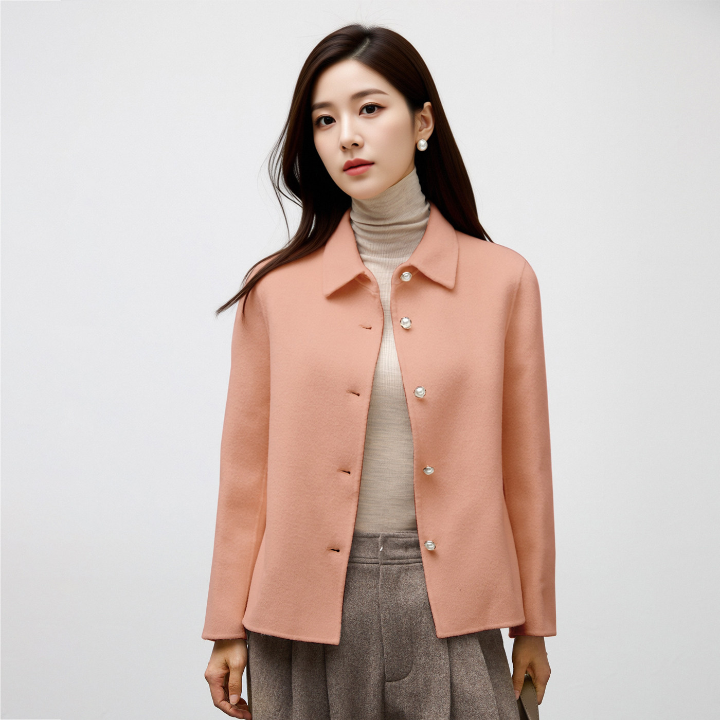 简约珍珠扣小款毛呢外套女小个子秋冬加厚纯羊毛双面呢外套女短款