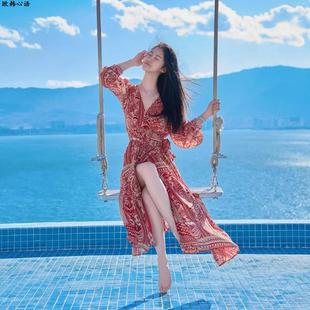 海边度假连衣裙高级感旅游穿搭波西米亚一片式 长裙飘逸红色裙子女