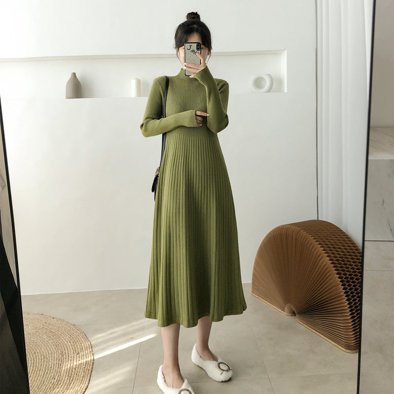 秋冬慵懒半高领长款宽松打底A字毛衣裙女神范衣服过膝针织连衣裙