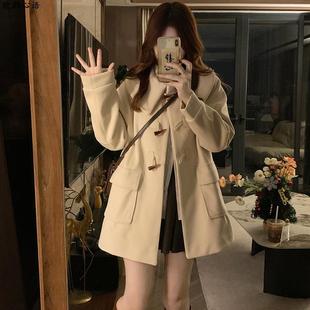 少女牛角扣大衣呢子初中学生毛呢外套学院风2024高中女生秋冬夹棉