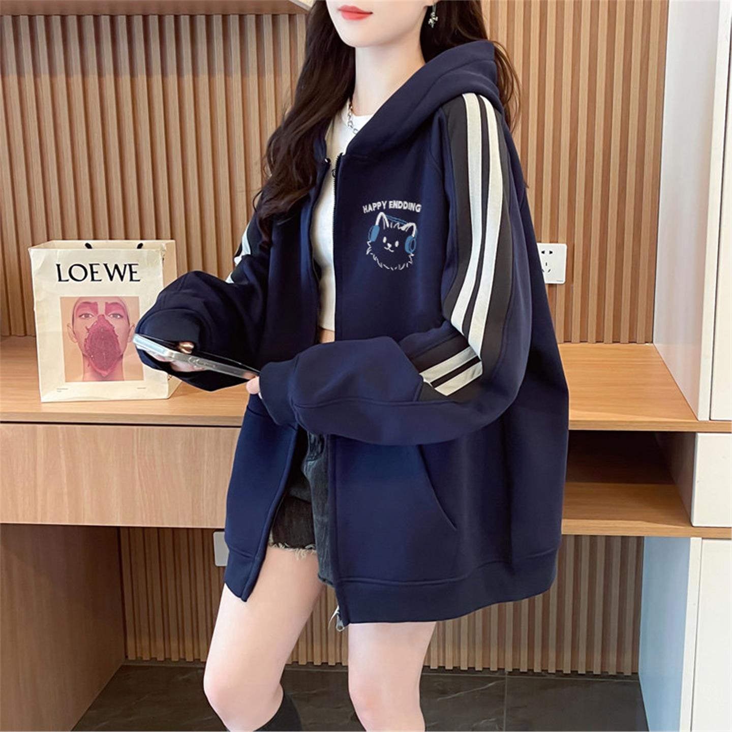 初中女生潮流时尚连帽外套秋新款高中学生宽松休闲运动风开衫卫衣