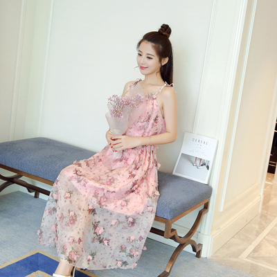 1721 实拍无袖吊带碎花雪纺连衣裙中长款挂脖露肩波西米亚渡假裙