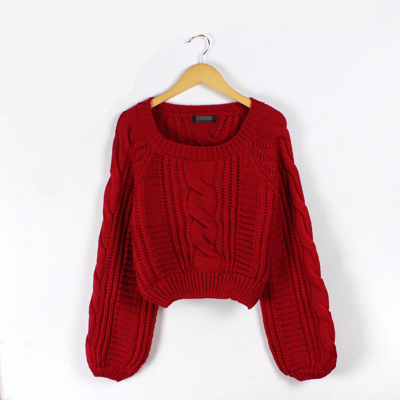 8007实拍韩版甜美麻花蝙蝠灯笼袖短款毛衣套头圆领高腰宽松女外套