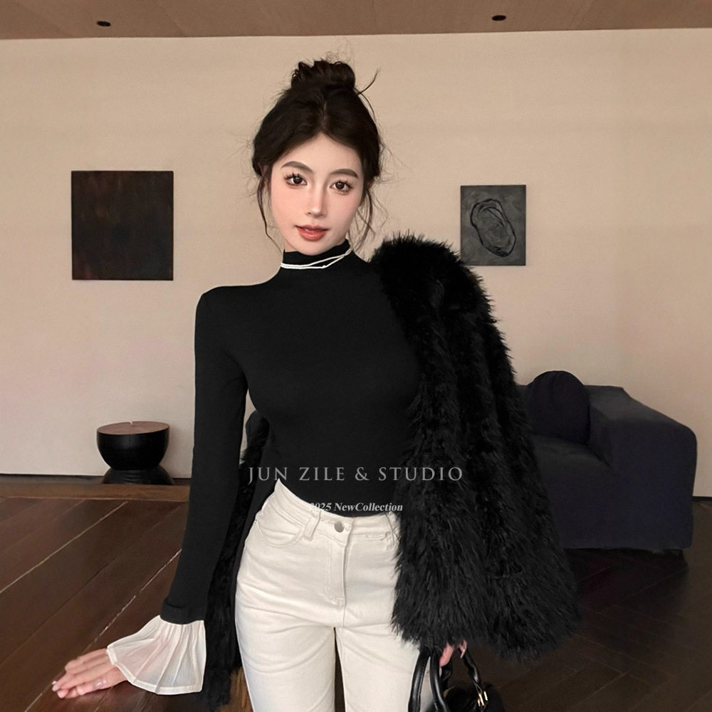 依之萌-2025新款上衣秋感女装半高领拼接喇叭袖垫肩紧身显瘦加绒