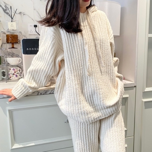 不加绒也暖和的半边绒睡衣女冬季坑条连帽家居服外穿拿快递不尴尬