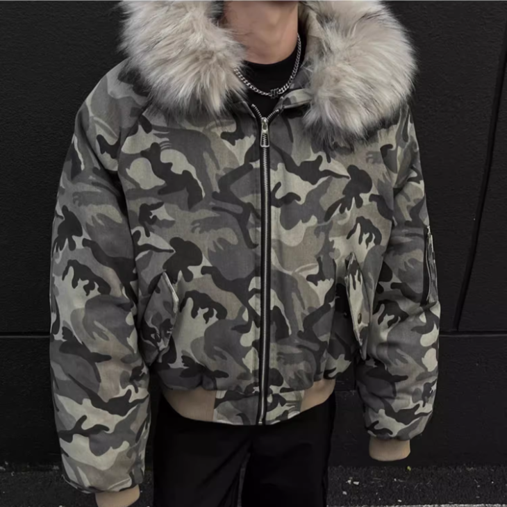 美式复古迷彩外套男款冬季加厚座山雕棉服保暖棉衣大毛领连帽夹克