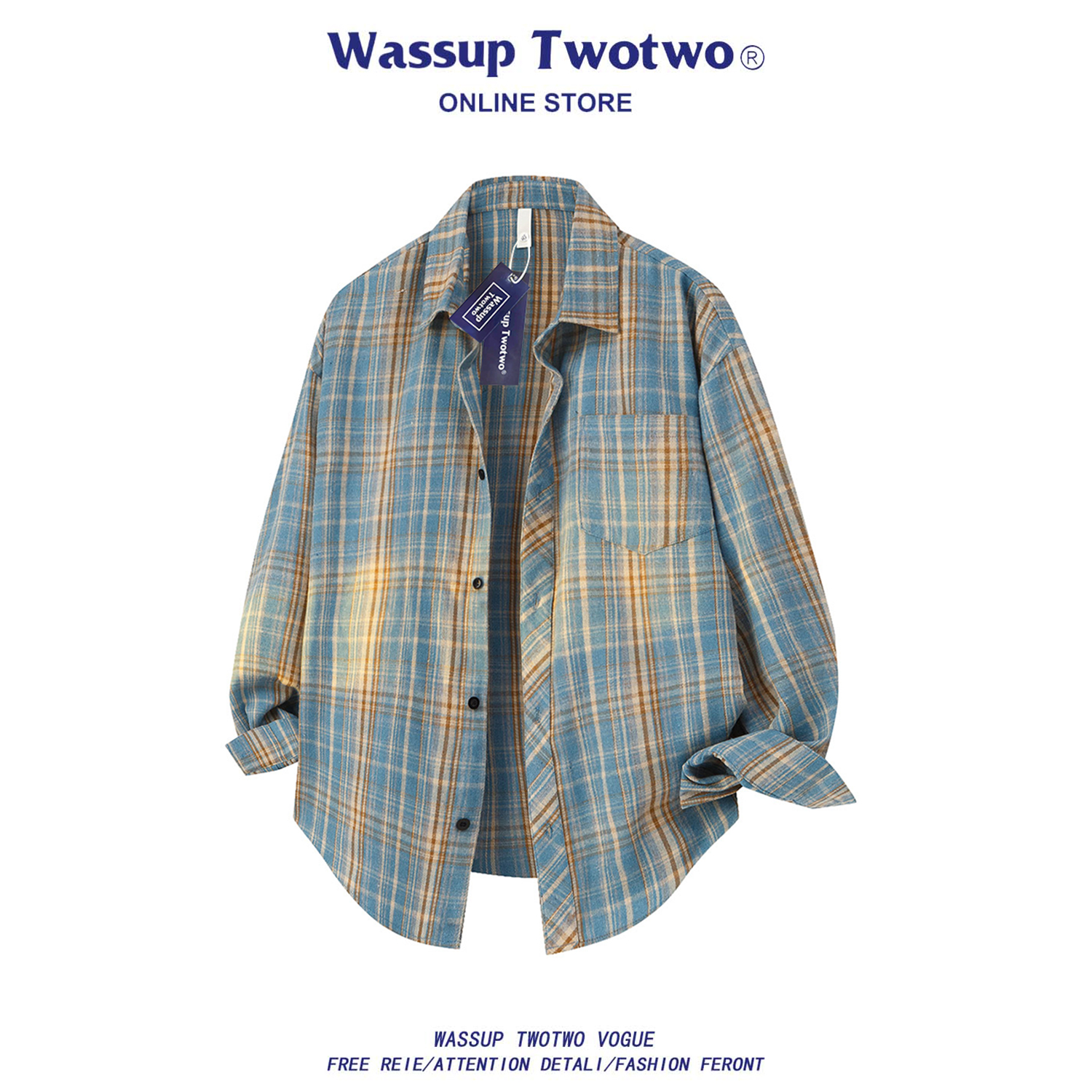 WASSUP TWO TWO多彩格子衬衫秋季慵懒风磨毛长袖衬衣新款宽松上衣