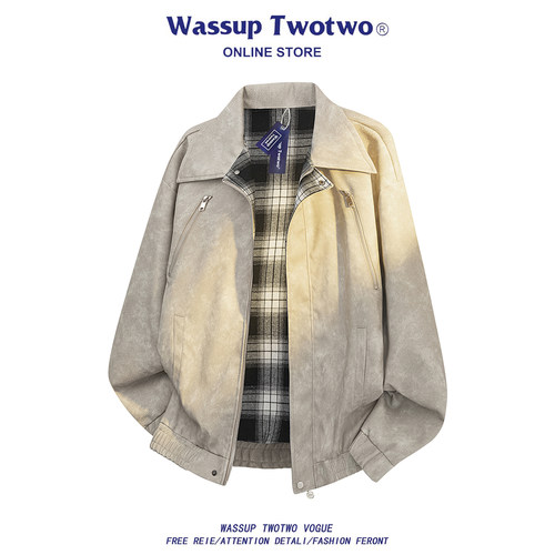 WASSUP TWO TWO美式复古双面穿夹克男款春秋季痞帅情侣款皮衣外套