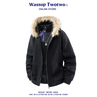 春秋重磅情侣开衫 WASSUP 座山雕毛领连帽卫衣男士 TWO美式 外套 TWO