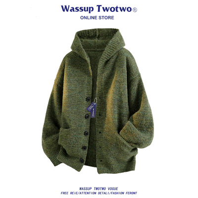 WASSUP TWO TWO灰色针织开衫毛衣男女秋冬重磅宽松慵懒风连帽外套