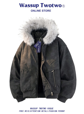 WASSUP TWO TWO美式复古毛领座山雕棉衣男秋冬季保暖连帽棉服外套