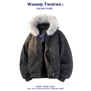 复古毛领座山雕棉衣男秋冬季 TWO美式 保暖连帽棉服外套 TWO WASSUP