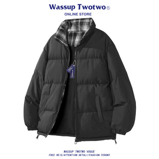 宽松运动立领上衣美式 TWO飞行员夹克秋季 复古格子外套 TWO WASSUP