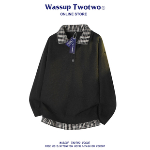秋冬季 TWO毛衣男2025新款 美式 假两件衬衫 WASSUP 领保暖针织衫 TWO