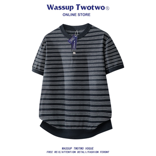 T恤男夏季 TWO冰丝条纹短袖 简约百搭圆领老钱针织上衣 TWO WASSUP