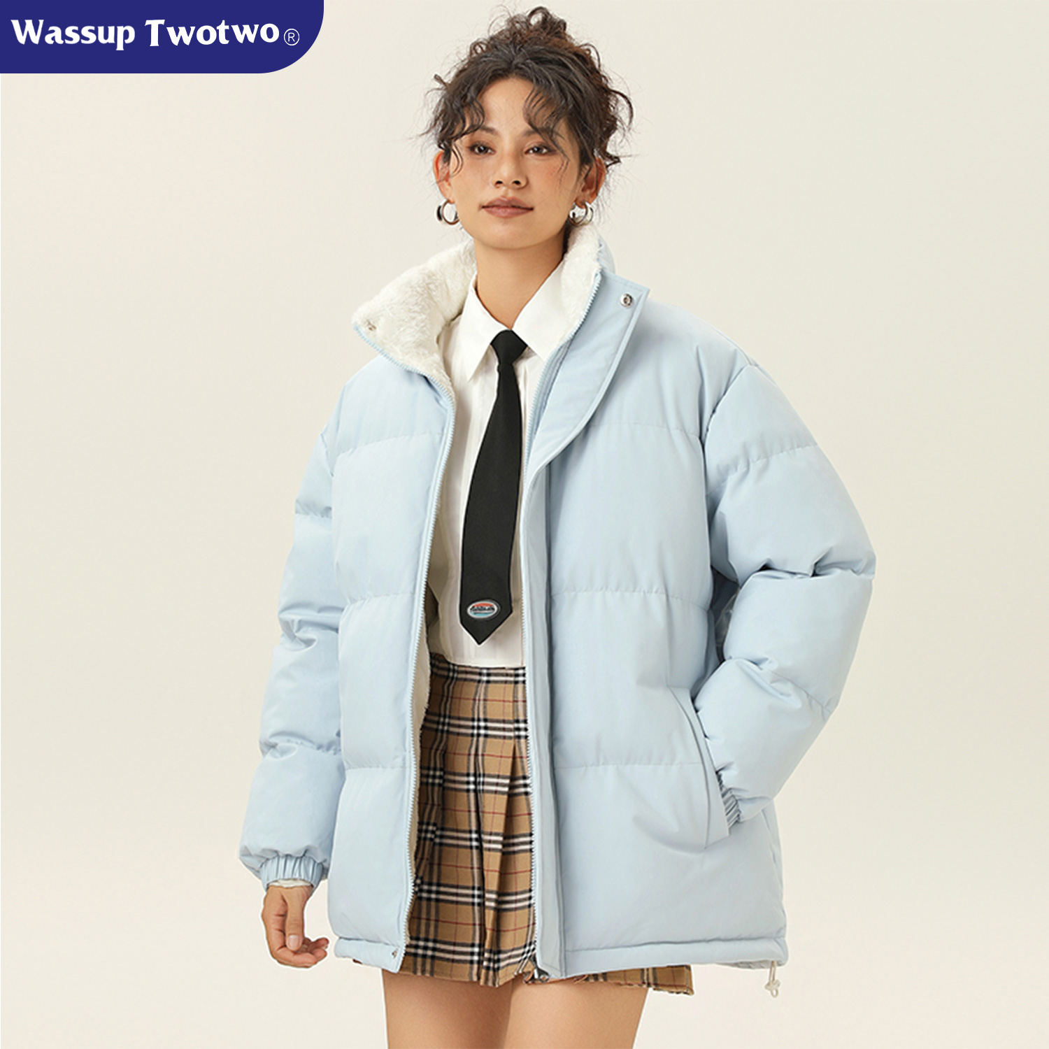 WASSUP TWO TWO秋冬新款休闲立领棉袄外套男女同款保暖棉衣情侣装