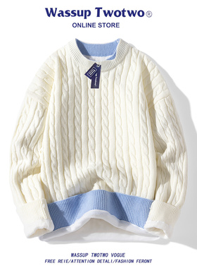 WASSUP TWO TWO2025新款加绒针织衫潮牌百搭红色假两件毛衣外套男