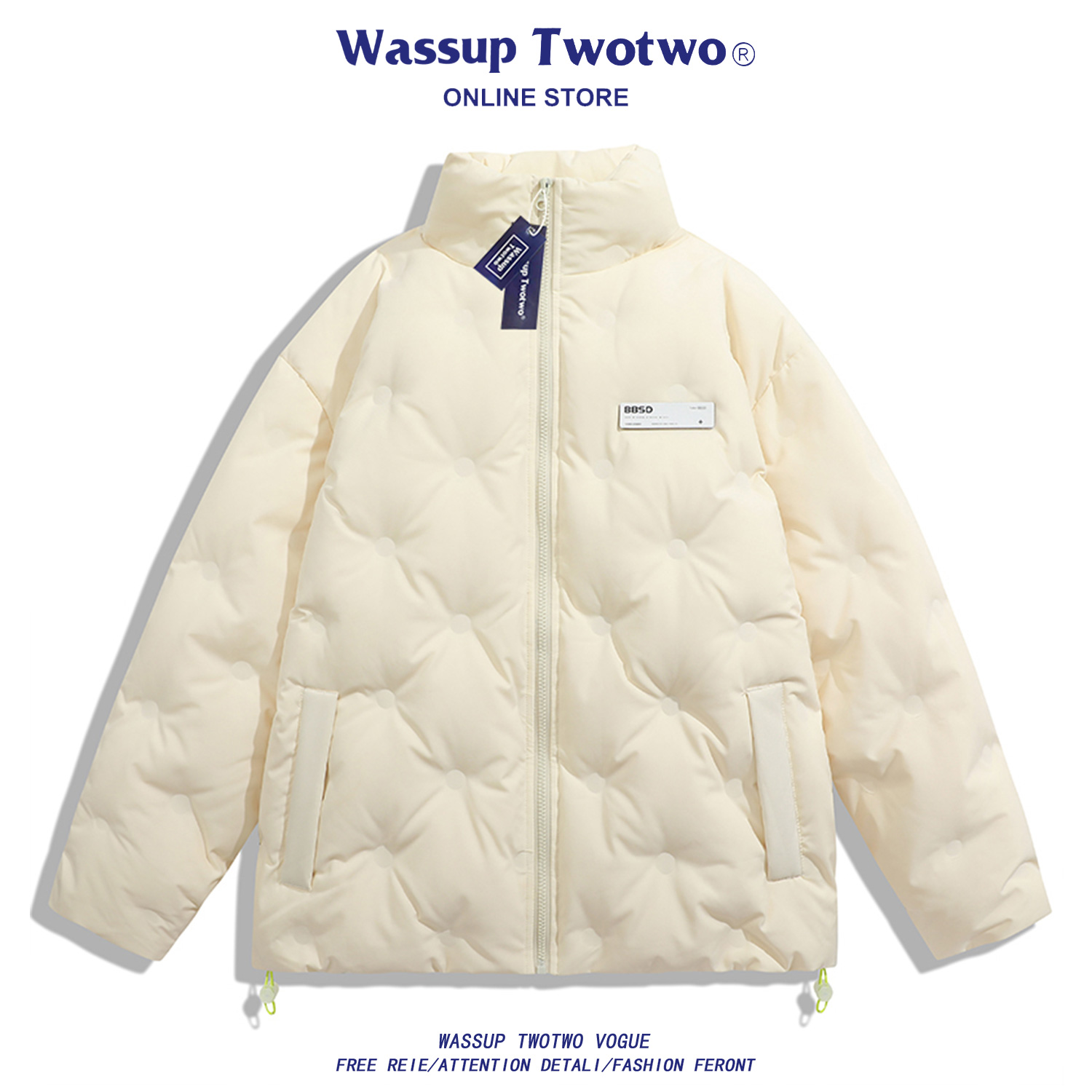 WASSUP TWO TWO菱形格羽绒服男款轻薄冬季宽松加厚青少年情侣外套