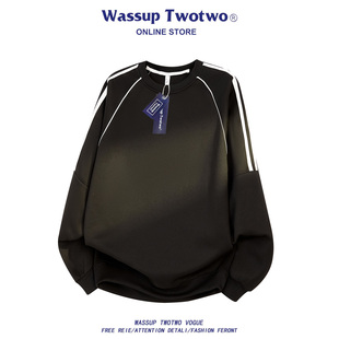 百搭套头圆领卫衣 TWO潮牌港风宽松条纹设计上衣男秋季 WASSUP TWO