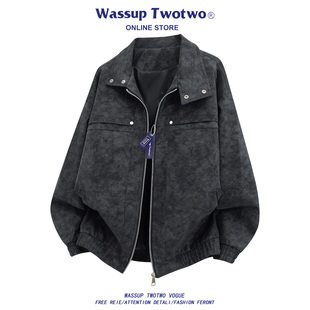 潮牌雾面扎染外套男复古宽松潮流百搭情侣夹克 TWO美式 WASSUP TWO