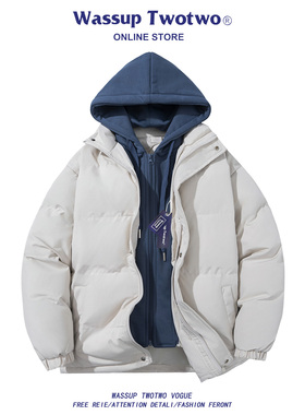 WASSUP TWO TWO假两件棉服外套男女秋冬季青少年工装冲锋加厚夹克