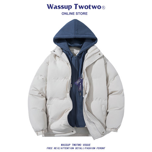 WASSUP TWO TWO假两件棉服外套男女秋冬季青少年工装冲锋加厚夹克
