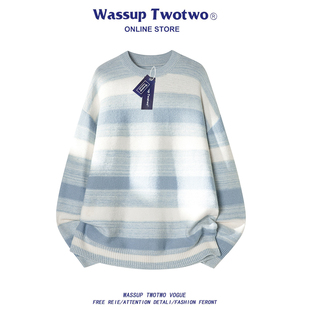 潮牌宽松百搭男女针织衫 TWO复古条纹毛衣男春秋款 外套 TWO WASSUP