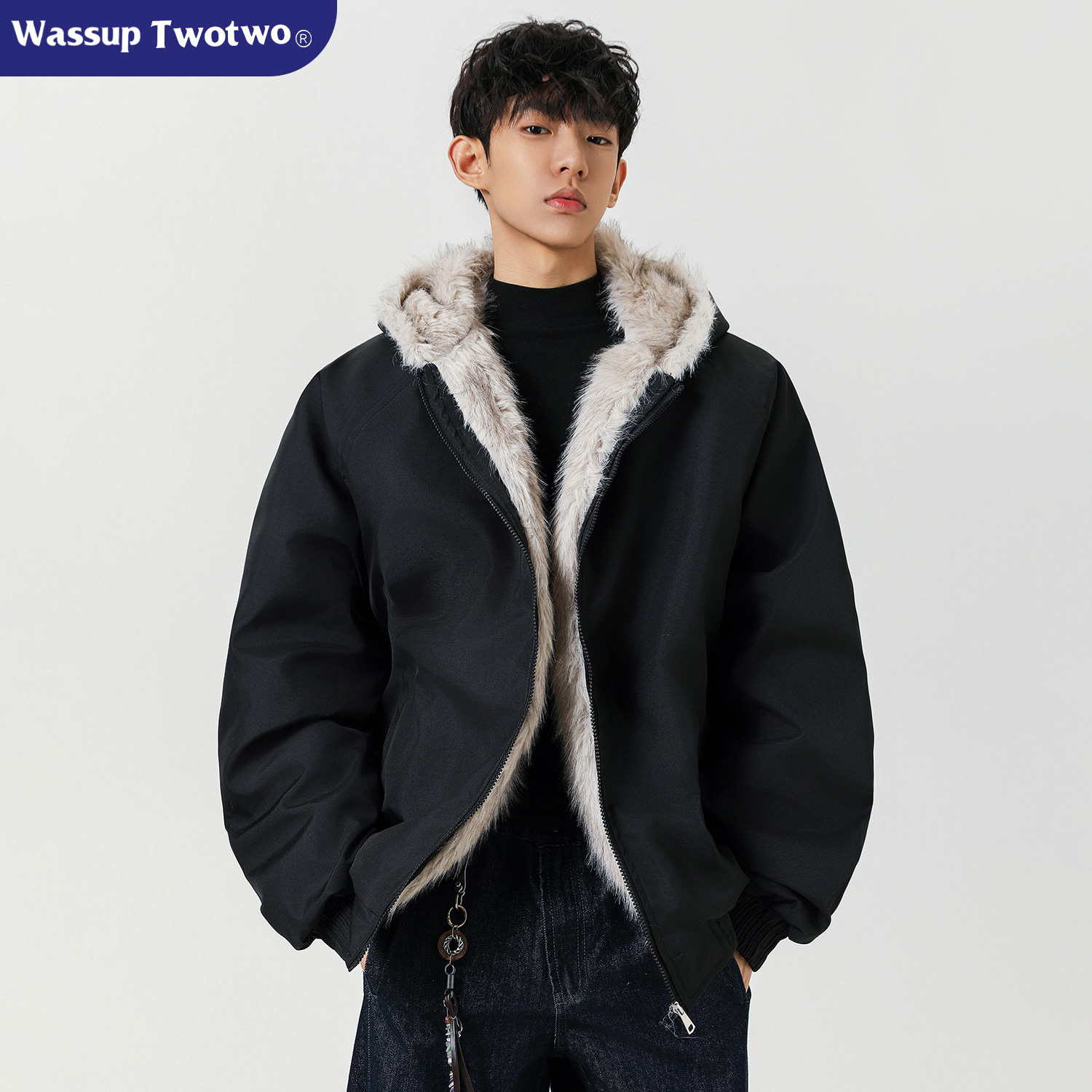 WASSUP TWO TWO猫耳朵座山雕毛领棉服外套男女款加厚保暖情侣棉衣