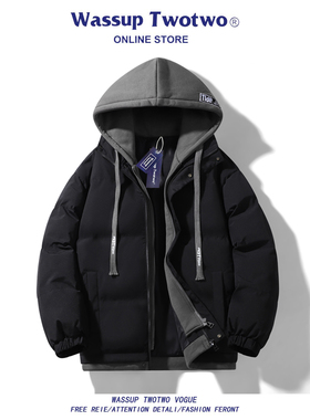 WASSUP TWO TWO美式假两件羽绒棉服男款冬季宽松休闲情侣棉衣外套