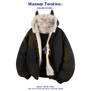 加厚保暖情侣棉衣 TWO猫耳朵座山雕毛领棉服外套男女款 WASSUP TWO
