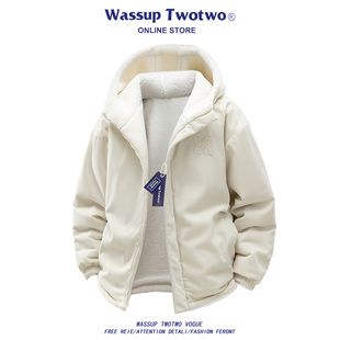 情侣外套 TWO潮牌羊羔绒加厚宽松双面穿防寒棉衣男冬季 WASSUP TWO