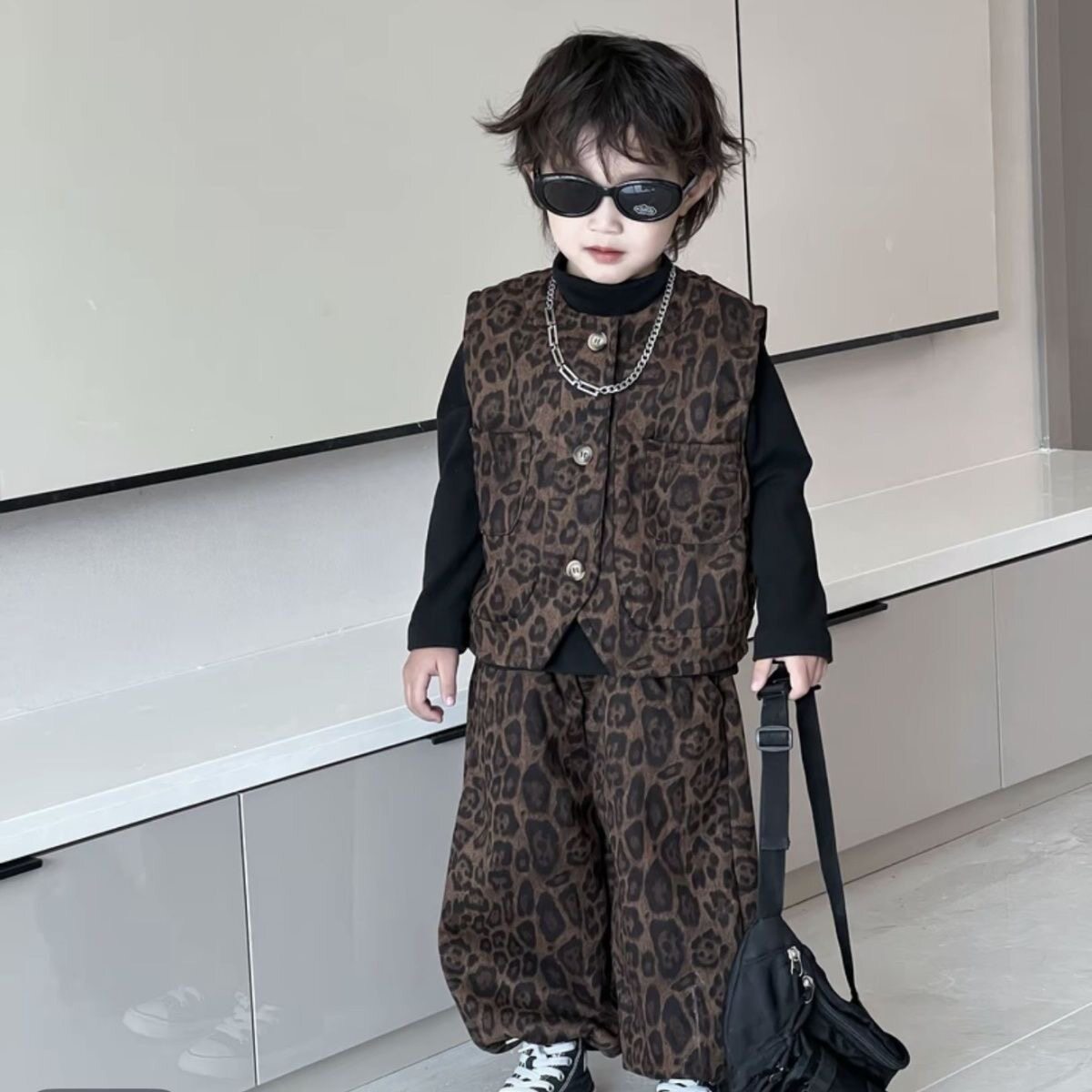 男童帅气豹纹马甲套装秋季新款韩版儿童打底搭配豹纹长裤三件套潮