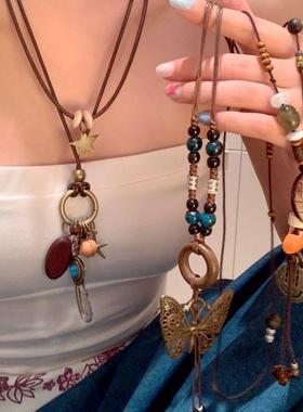 波西米亚复古蝴蝶长款项链女新中式民族风古着中古古风毛衣链配饰