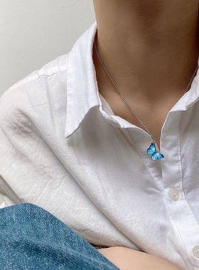 ins网红同款韩国蓝色蝴蝶一字扣手链ins超火情侣闺蜜手镯手饰少女