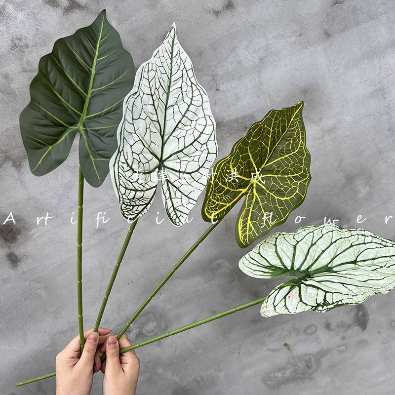 中式仿真单支海芋叶婚庆室内室外盆栽植物墙壁假花草绿植插花造景