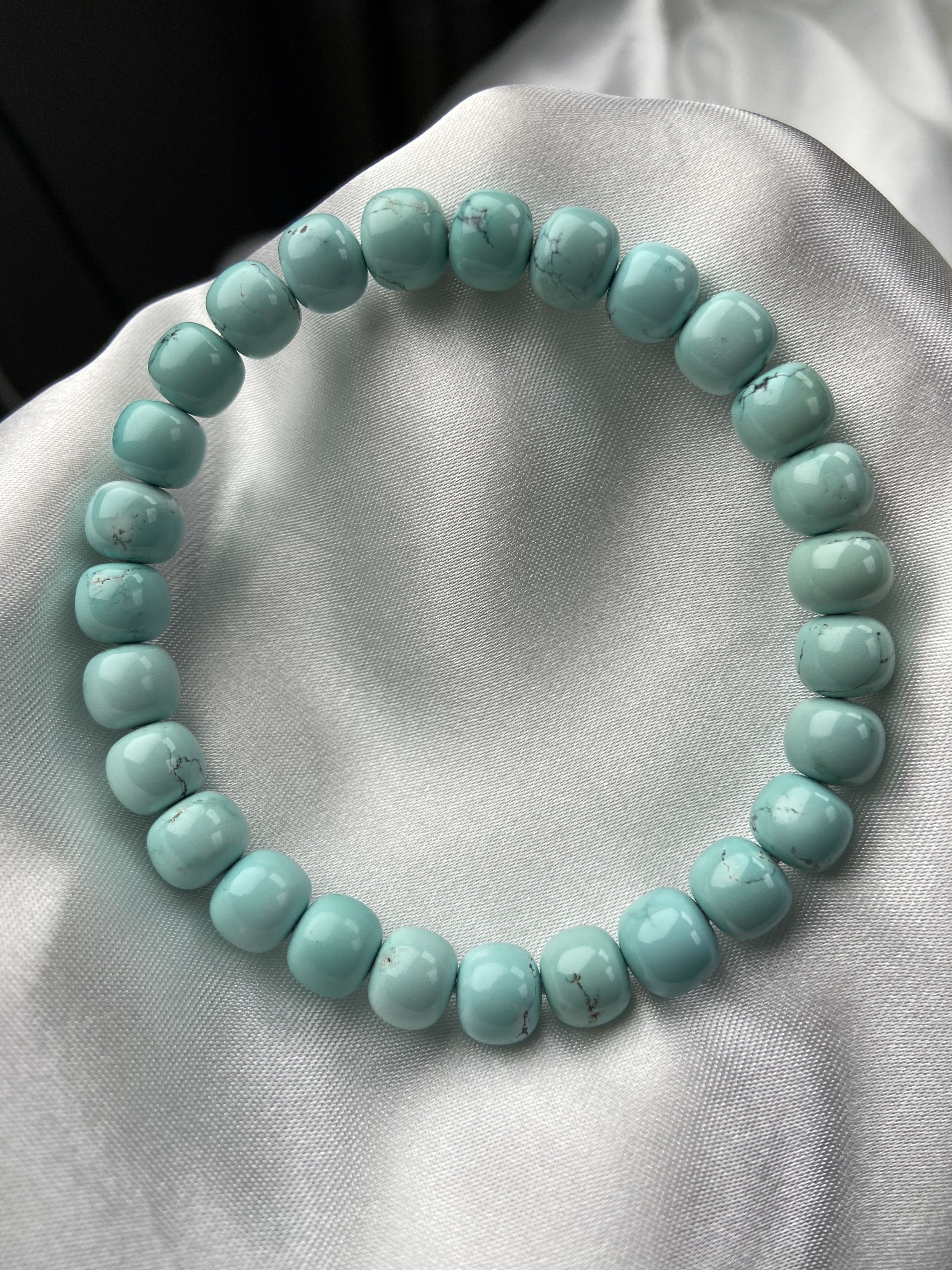 湖北天然原矿瓷釉级绿松石水草纹老型手串直径8mm18.9g